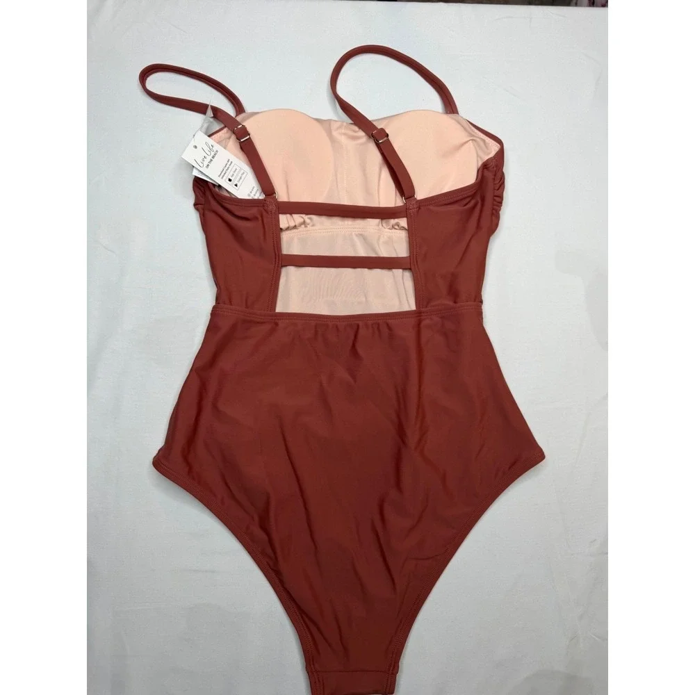Cupshe Sandy Daze Shirred Ruched One Piece Swimsuit Brick Red NWT S